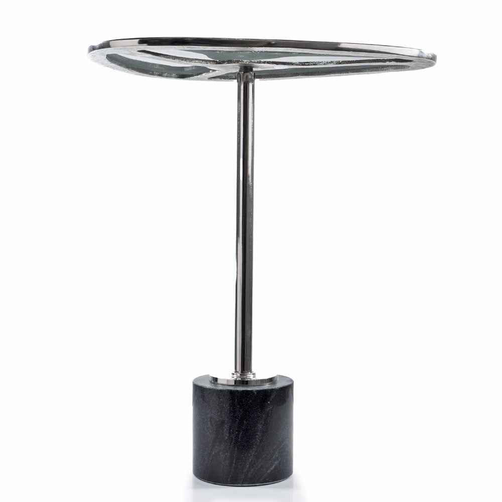 22" Smoky Black and Silver Aluminum Glass and Marble Pedestal End Table