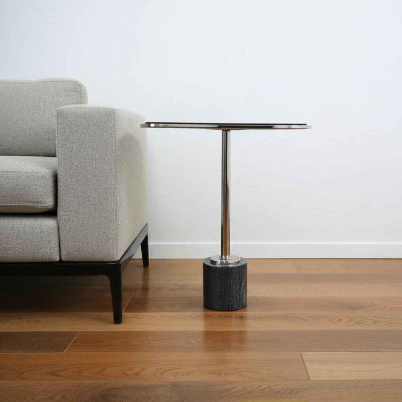 22" Smoky Black and Silver Aluminum Glass and Marble Pedestal End Table