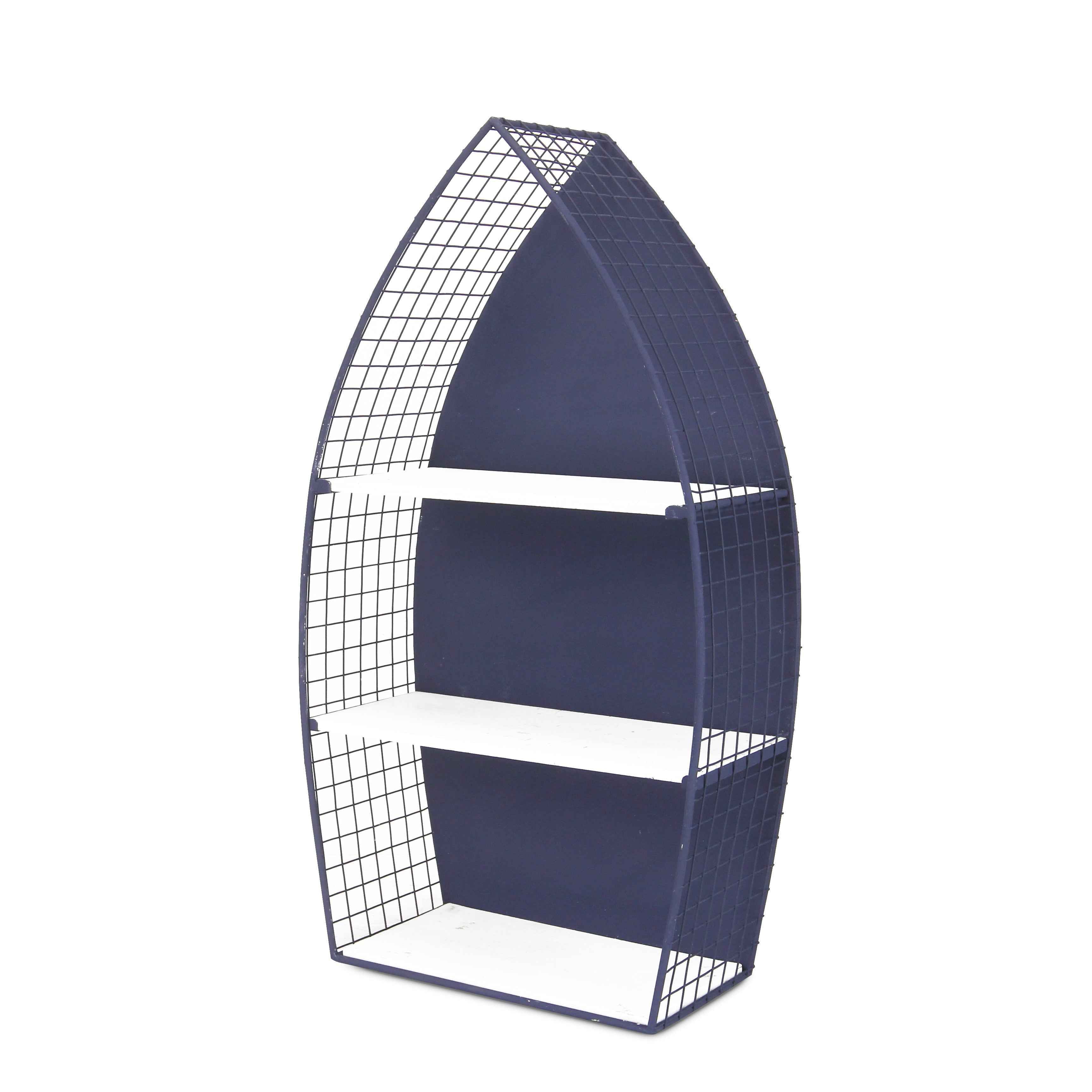 30" Navy Blue And White Metal and Wood Boat Shaped Bookcase
