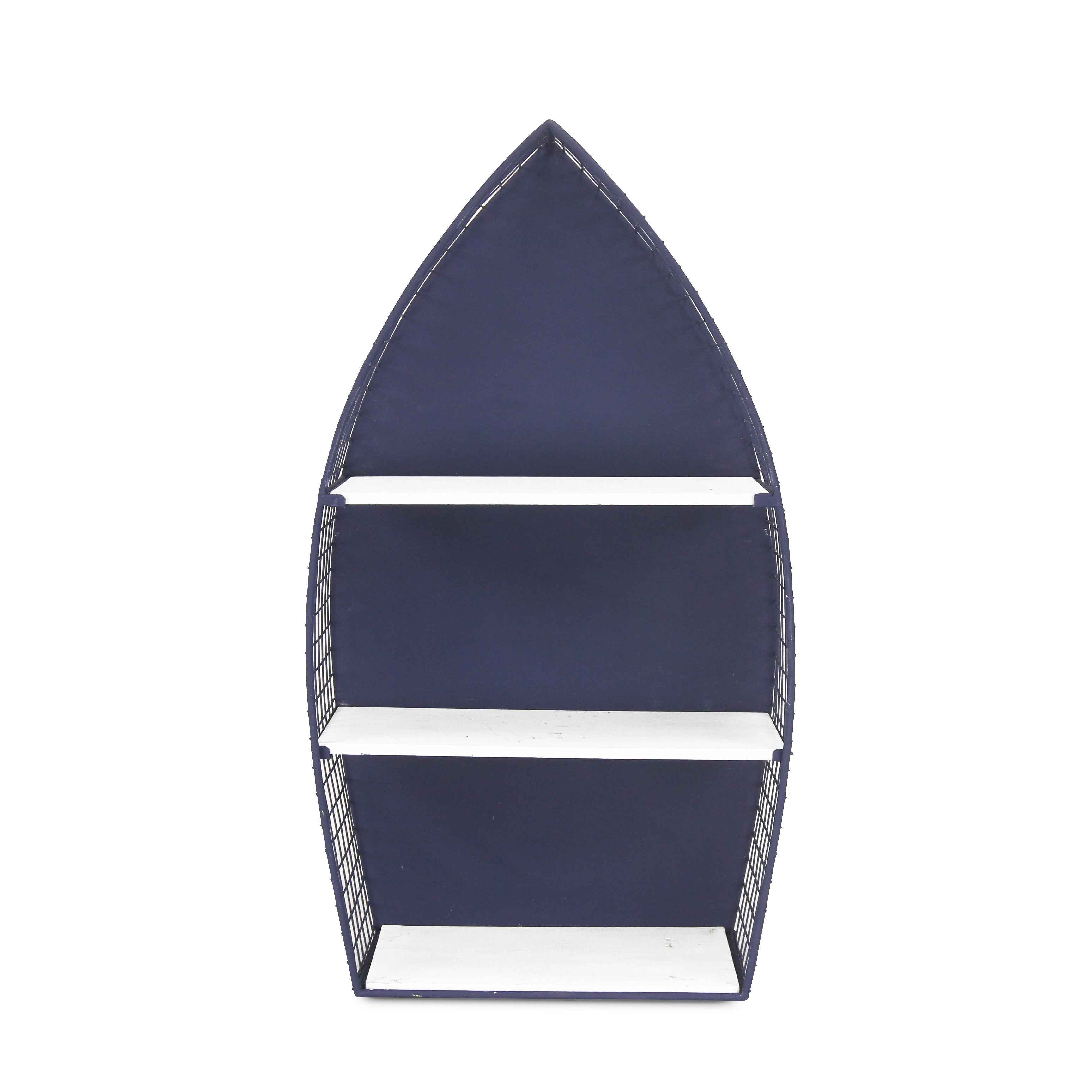 30" Navy Blue And White Metal and Wood Boat Shaped Bookcase