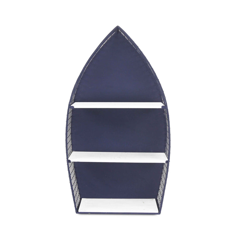 30" Navy Blue And White Metal and Wood Boat Shaped Bookcase