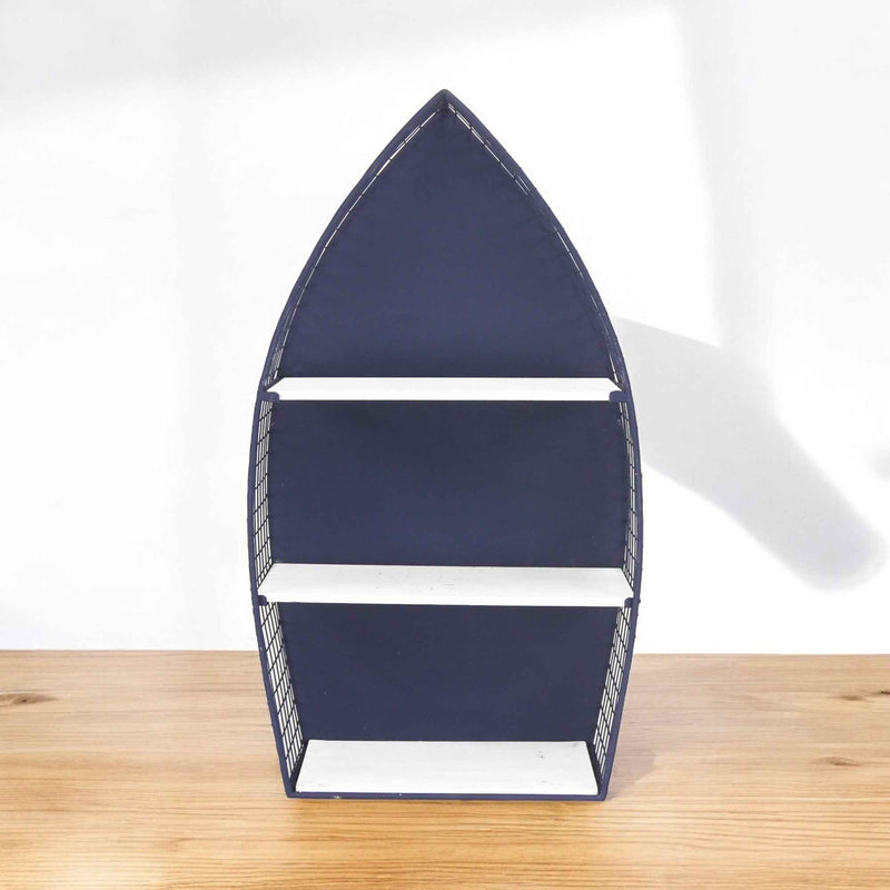 30" Navy Blue And White Metal and Wood Boat Shaped Bookcase