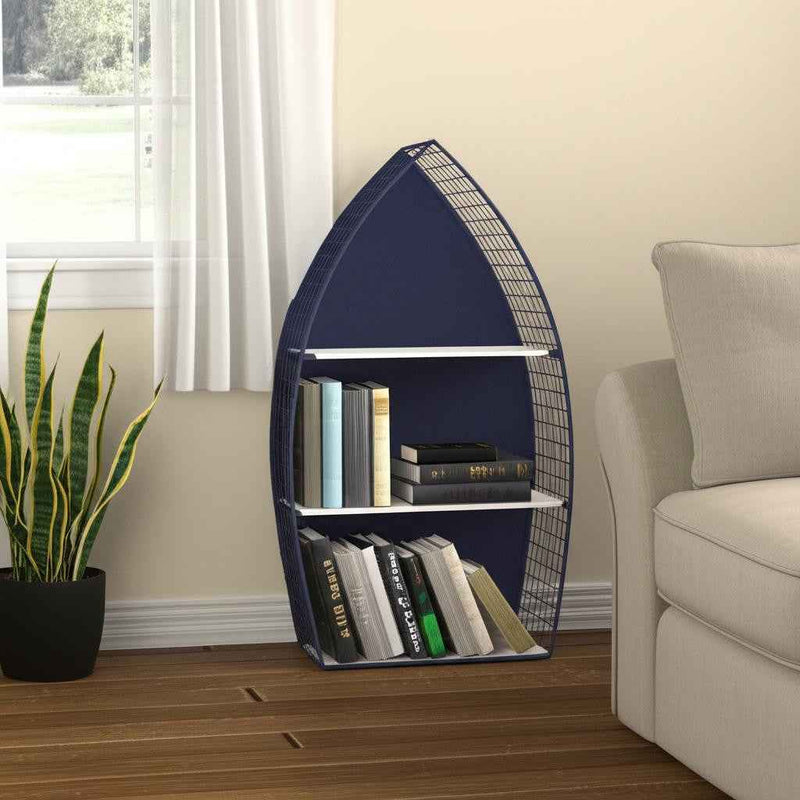 30" Navy Blue And White Metal and Wood Boat Shaped Bookcase