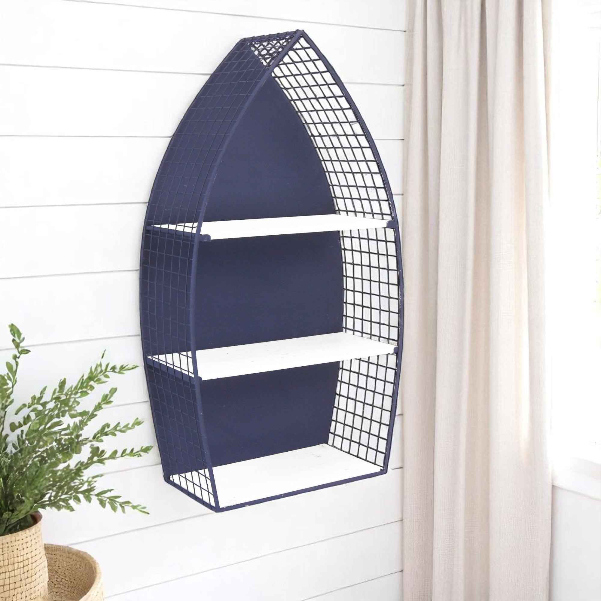 30" Navy Blue And White Metal and Wood Boat Shaped Bookcase