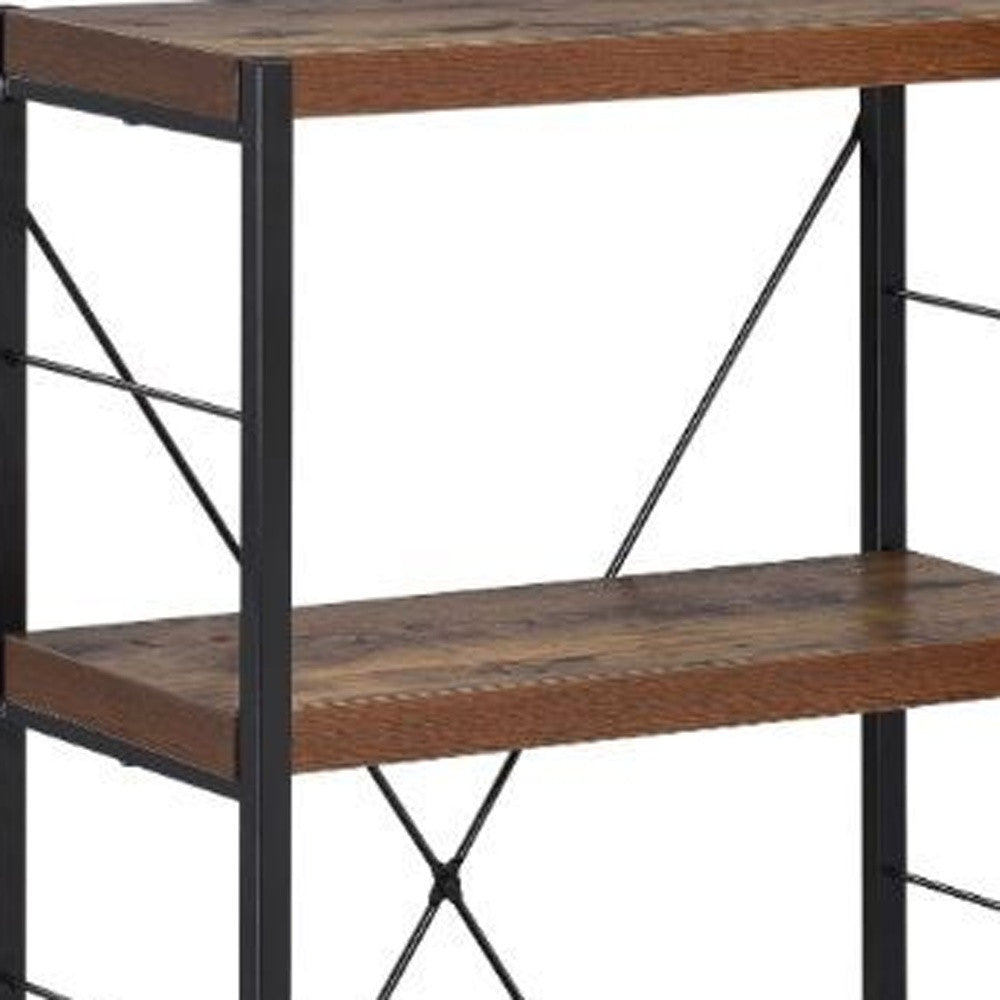 43" Black And Brown Distressed Metal and Wood Three Tier Etagere Bookcase - Office