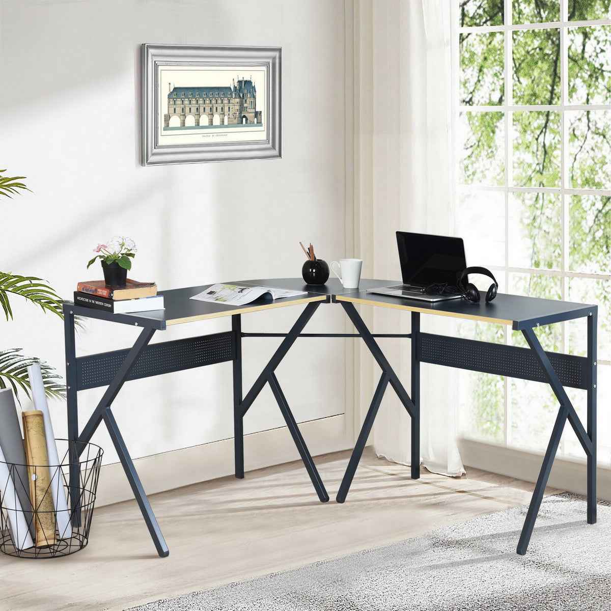 49" Black Wood and Metal Corner H-Shape Computer Desk