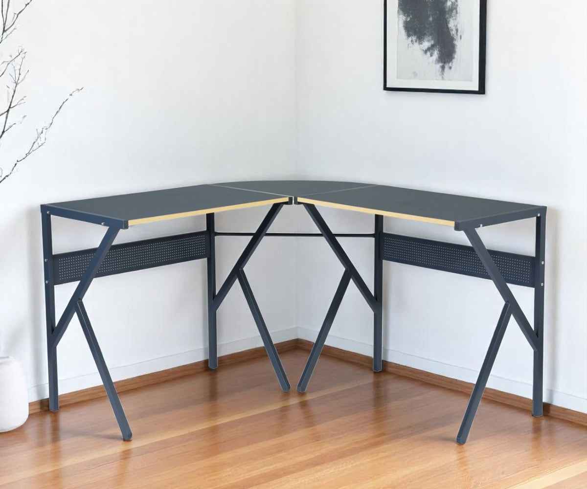 49" Black Wood and Metal Corner H-Shape Computer Desk