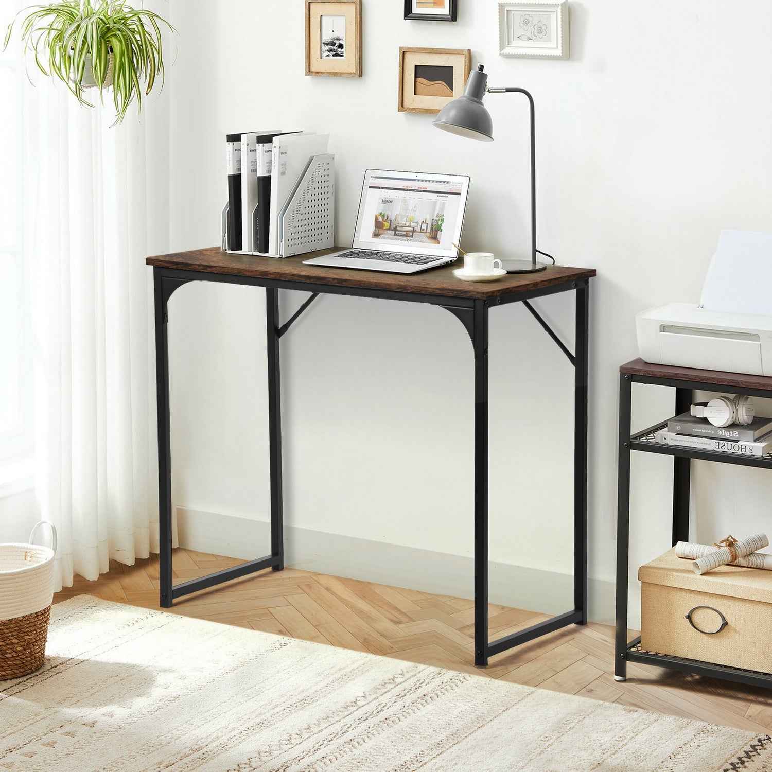 32" Brown and Black Wood and Metal H-Shape Computer Desk