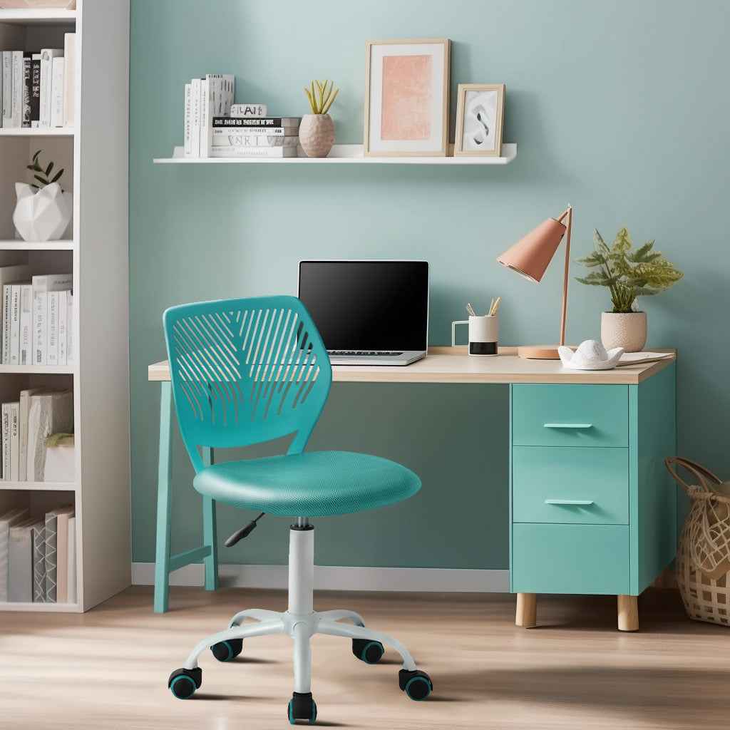 Turquoise and White Adjustable Height Swivel Rolling Office Chair