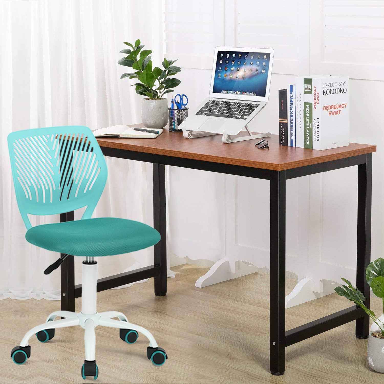 Turquoise and White Adjustable Height Swivel Rolling Office Chair