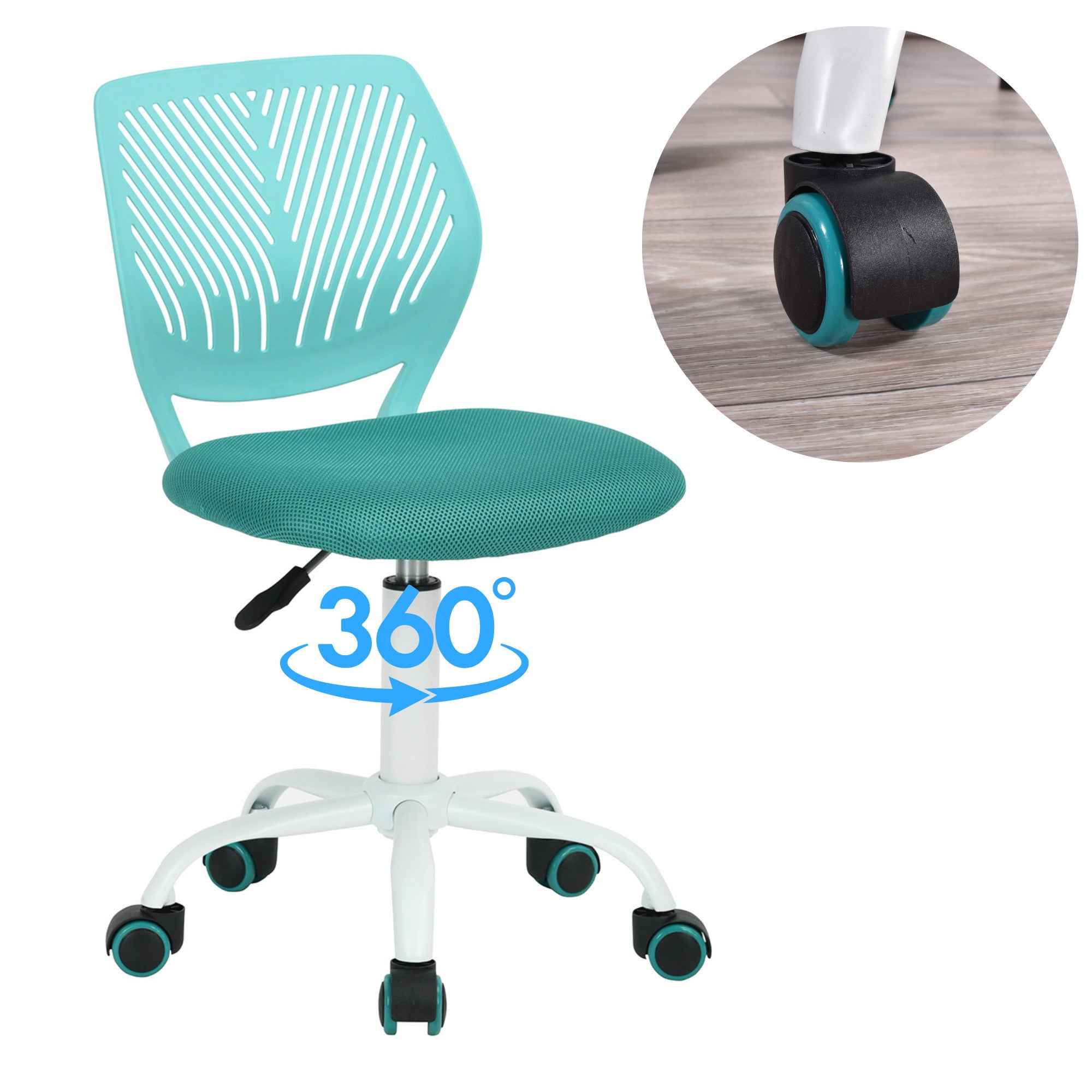 Turquoise and White Adjustable Height Swivel Rolling Office Chair