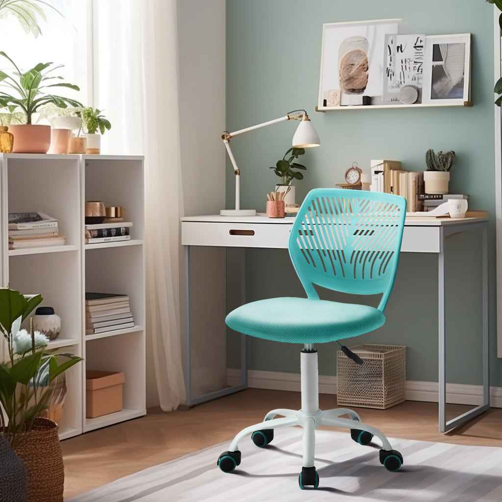 Turquoise and White Adjustable Height Swivel Rolling Office Chair