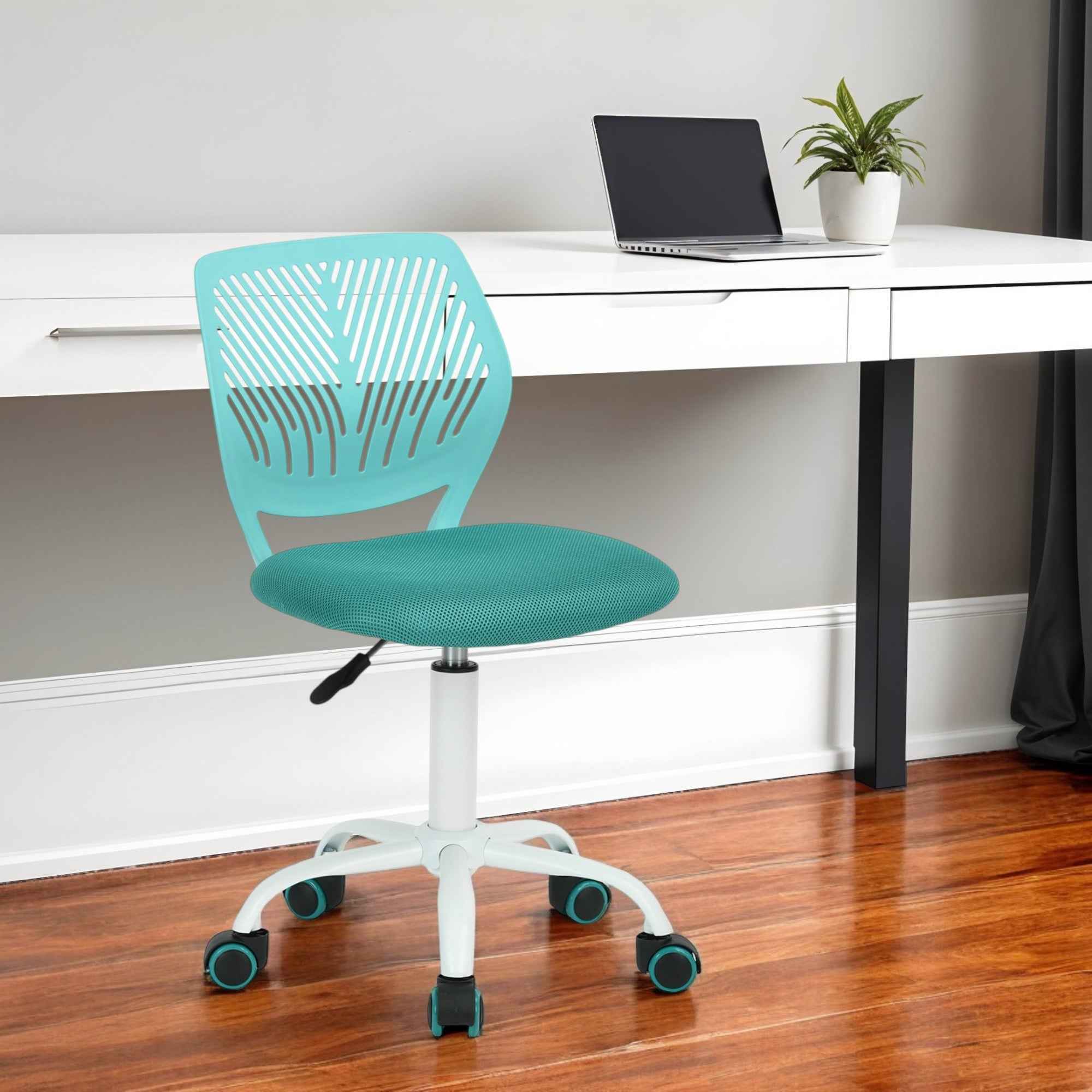 Turquoise and White Adjustable Height Swivel Rolling Office Chair