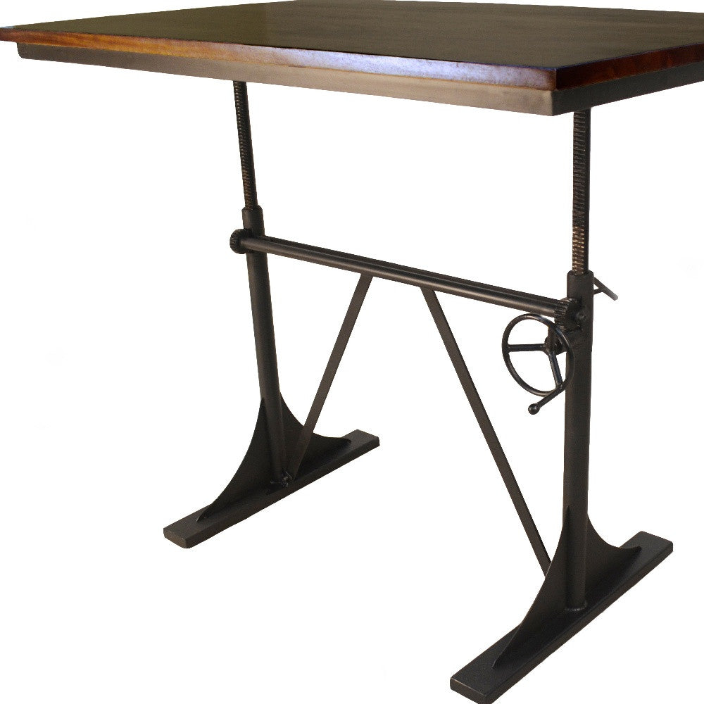 Adjustable Height Brown and Black Solid Wood and Iron Writing Desk