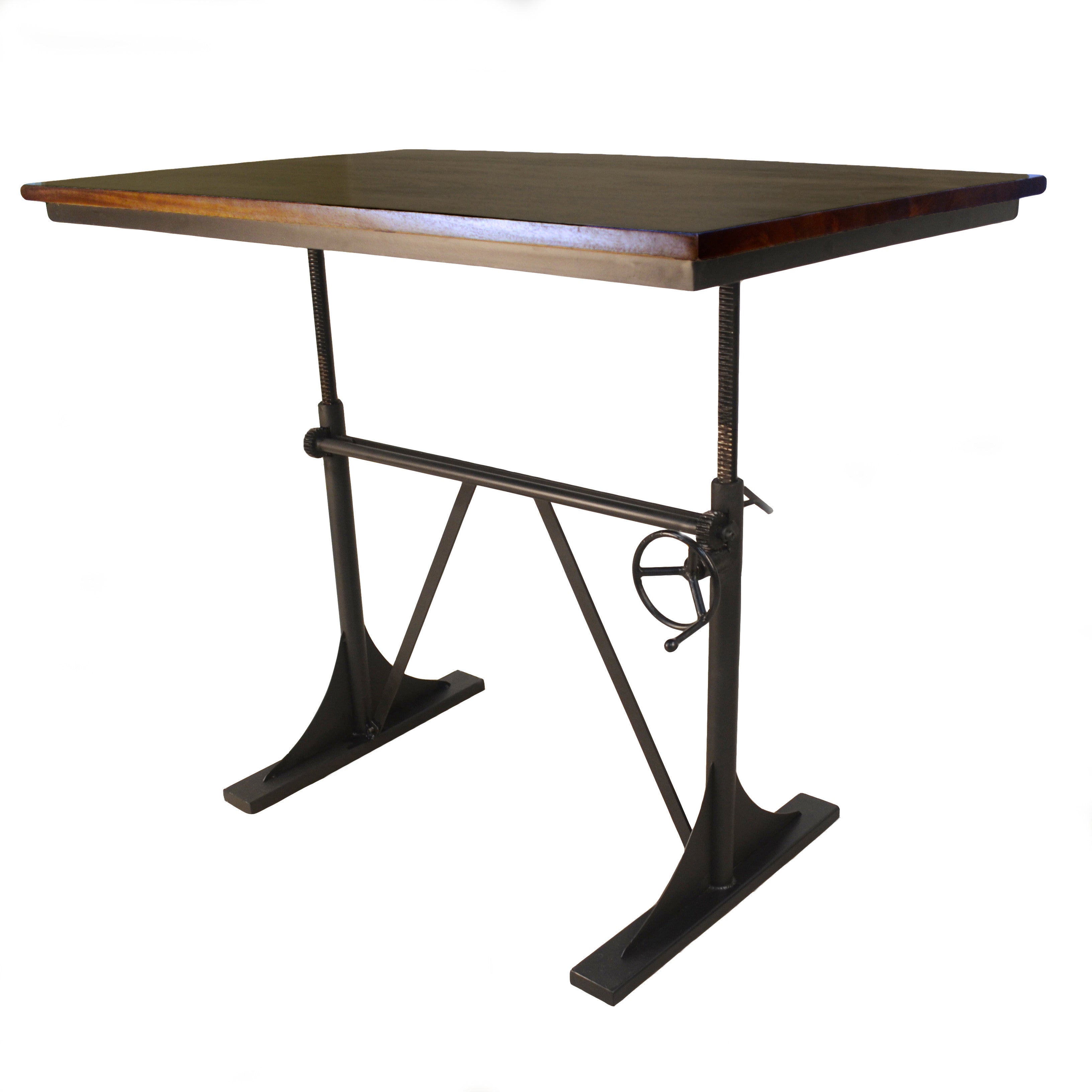 Adjustable Height Brown and Black Solid Wood and Iron Writing Desk
