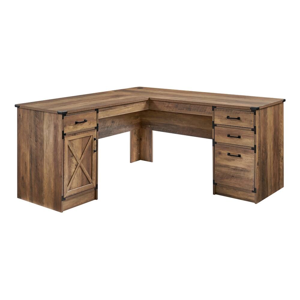 64" Oak Wood L Shape Executive Desk With Four Drawers