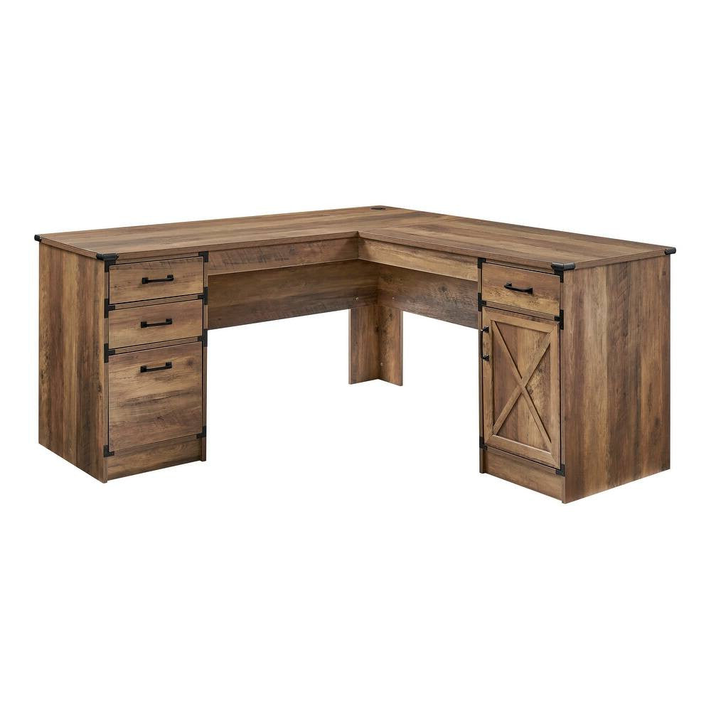 64" Oak Wood L Shape Executive Desk With Four Drawers