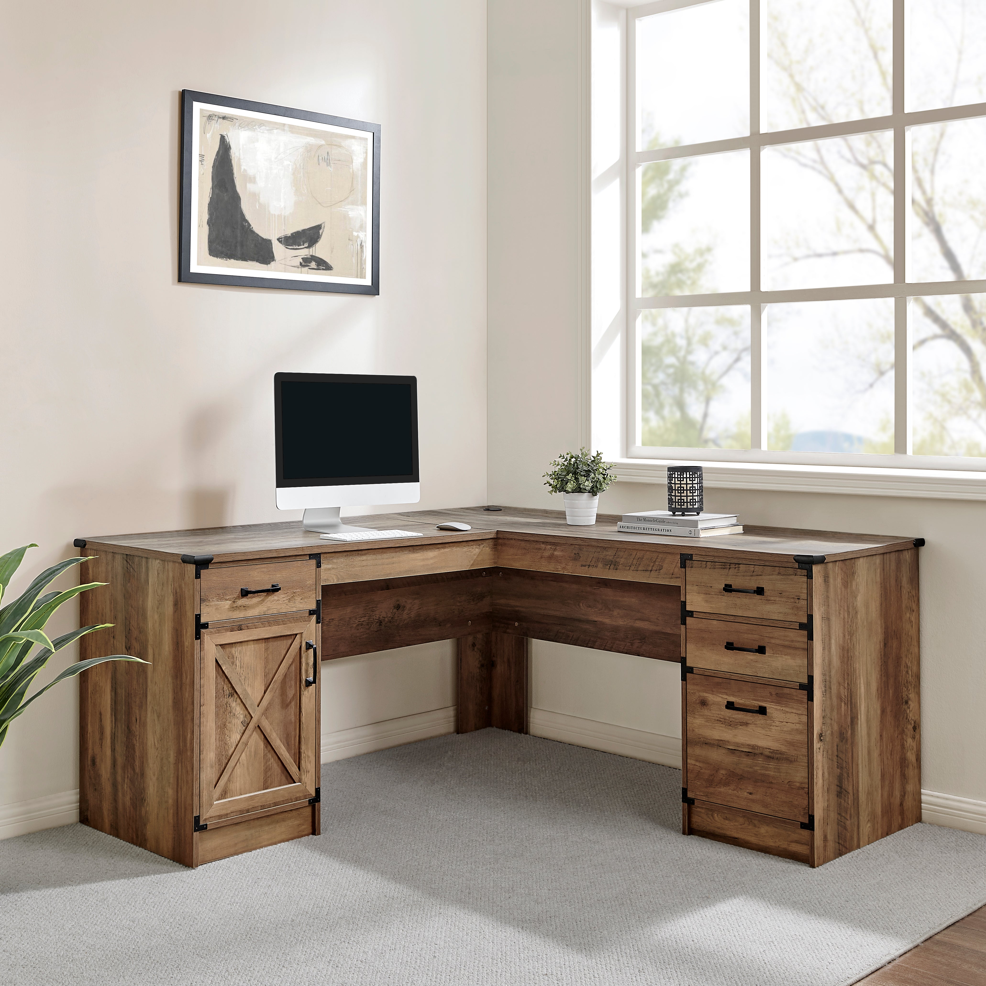 64" Oak Wood L Shape Executive Desk With Four Drawers