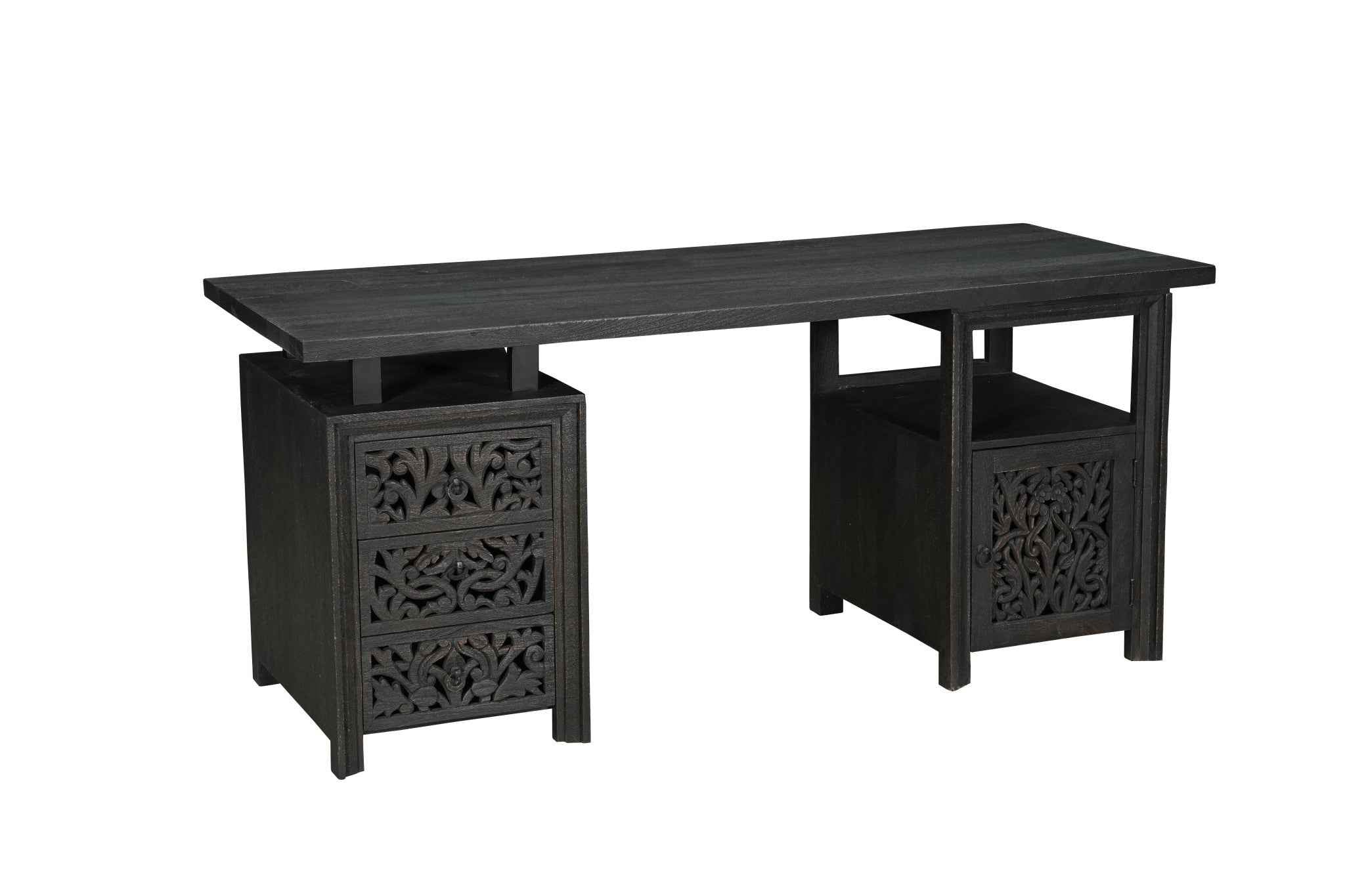68" Black Carved Floral Scroll Solid Wood Computer Desk With Three Drawers