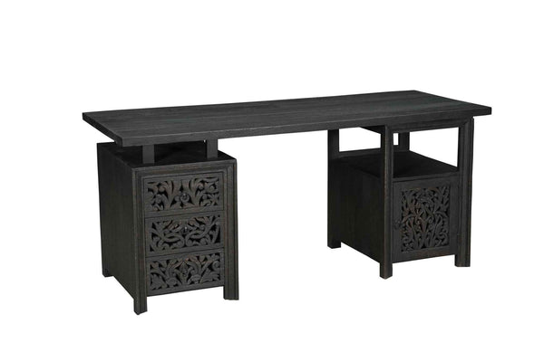 68" Black Carved Floral Scroll Solid Wood Computer Desk With Three Drawers