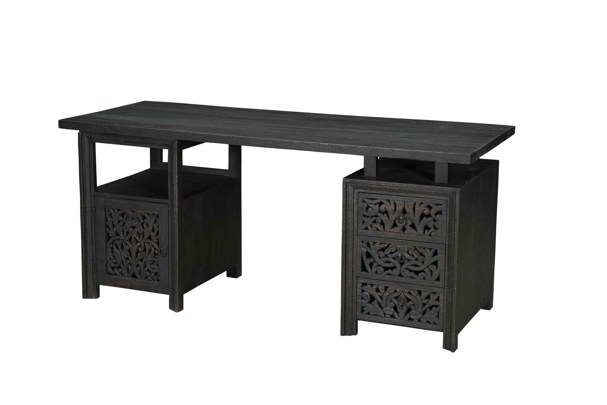 68" Black Carved Floral Scroll Solid Wood Computer Desk With Three Drawers