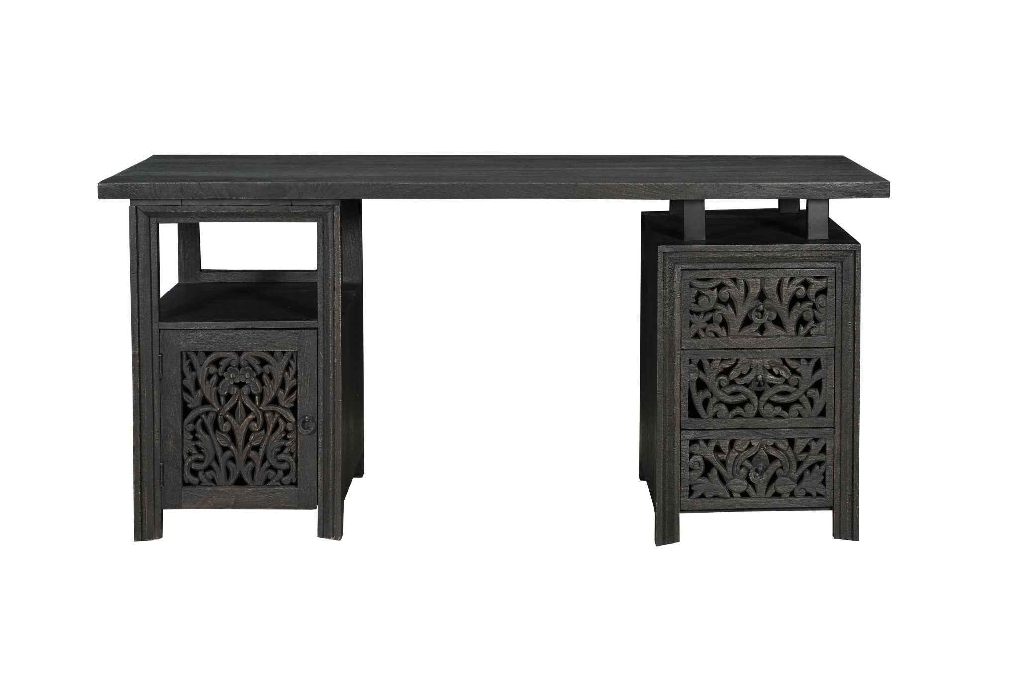 68" Black Carved Floral Scroll Solid Wood Computer Desk With Three Drawers