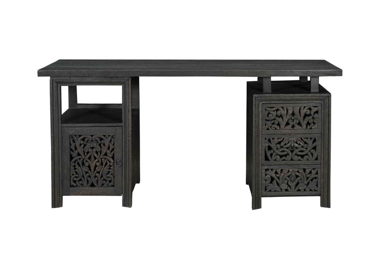 68" Black Carved Floral Scroll Solid Wood Computer Desk With Three Drawers
