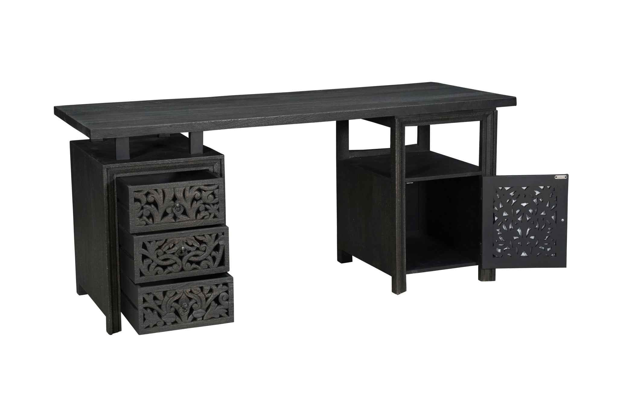 68" Black Carved Floral Scroll Solid Wood Computer Desk With Three Drawers