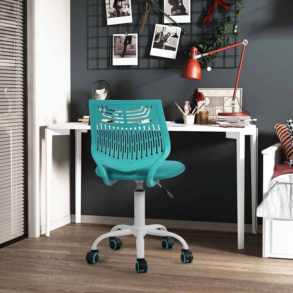 Turquoise and White Adjustable Height Swivel Rolling Office Chair