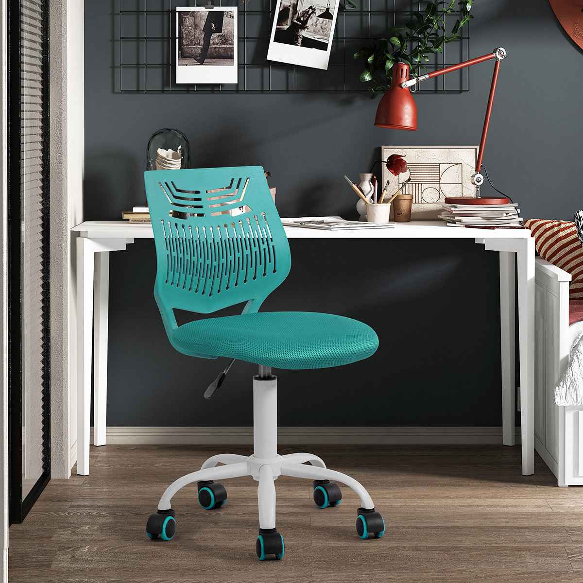 Turquoise and White Adjustable Height Swivel Rolling Office Chair