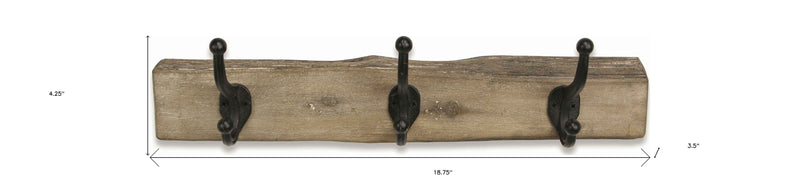 19" Brown Natural Rustic Live Edge Wood Three Hook Wall Mount Coat Rack