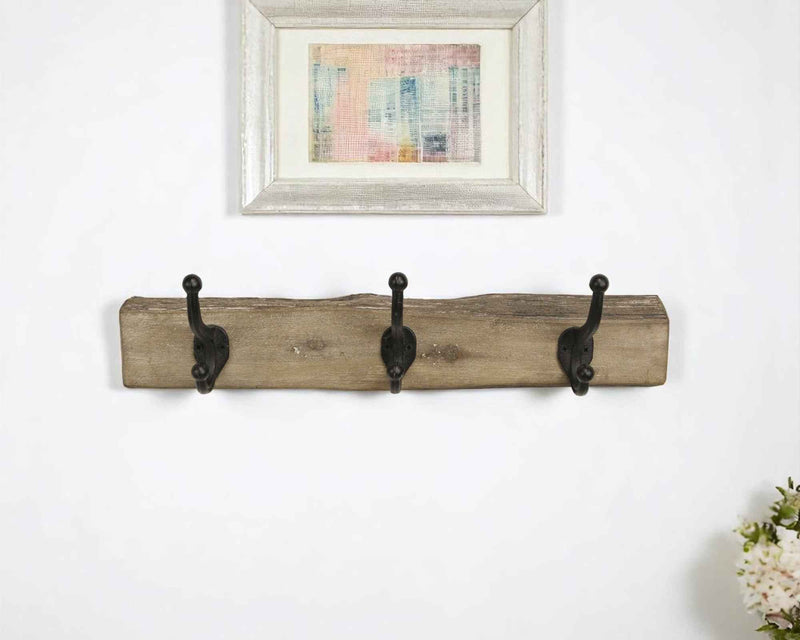 19" Brown Natural Rustic Live Edge Wood Three Hook Wall Mount Coat Rack