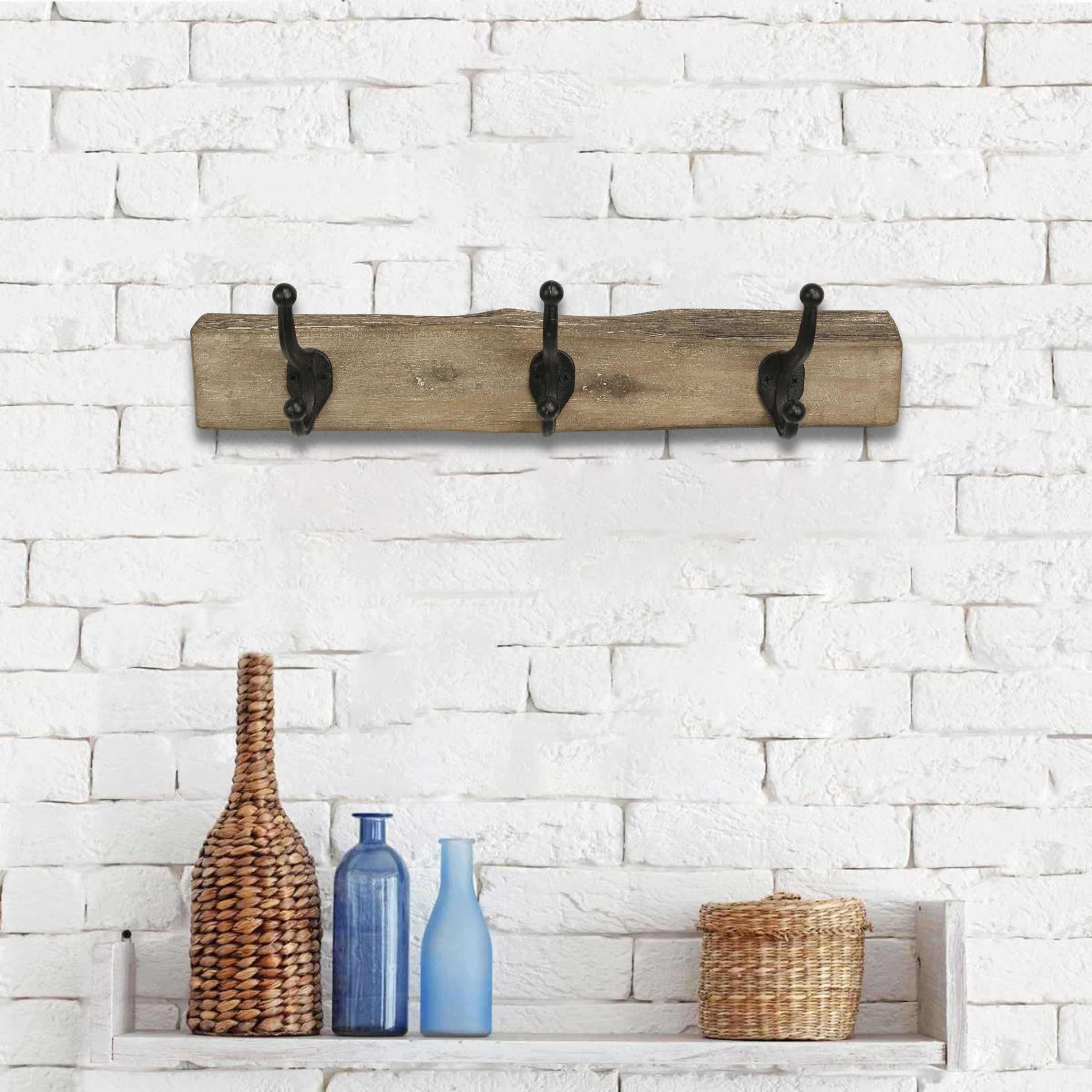 19" Brown Natural Rustic Live Edge Wood Three Hook Wall Mount Coat Rack