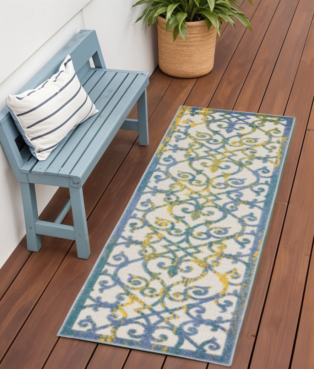 6' Ivory And Blue Indoor Outdoor Area Rug - Outdoor