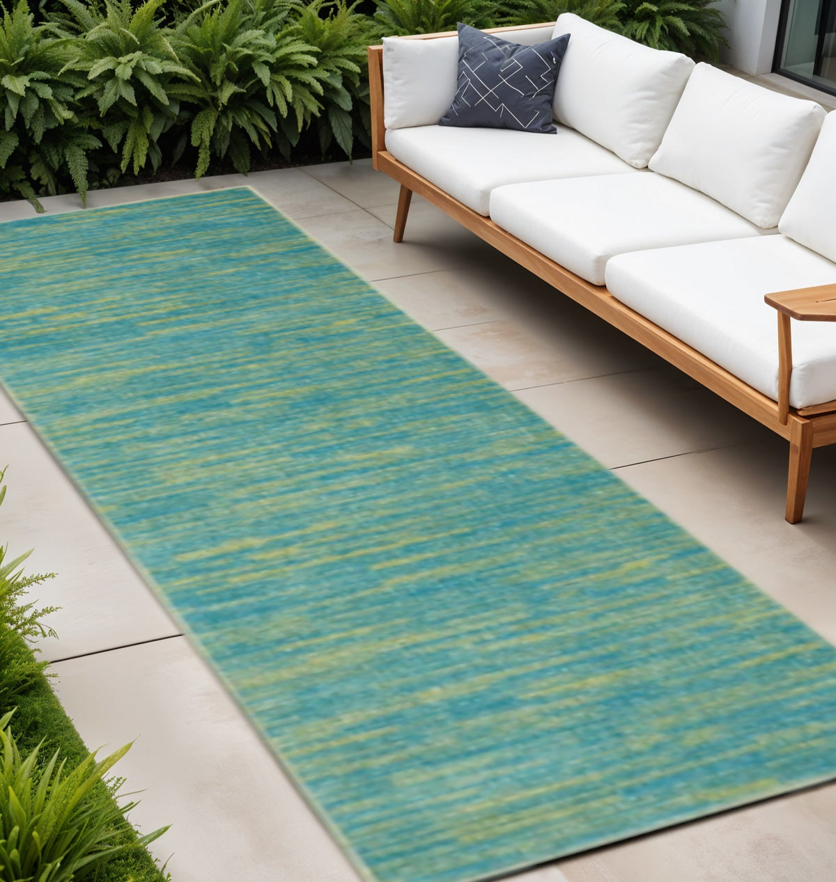 8' Blue And Green Indoor Outdoor Runner Rug - Outdoor