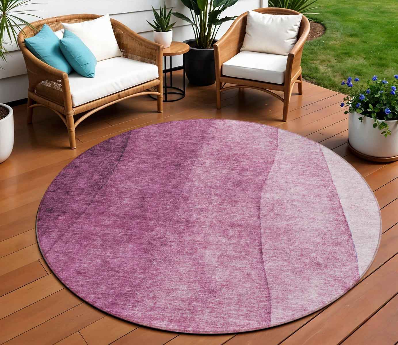 8' Merlot Blush And Pink Round Ombre Washable Indoor Outdoor Area Rug