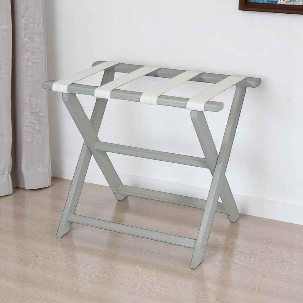 Earth Friendly Light Gray Folding Luggage Rack With White Straps