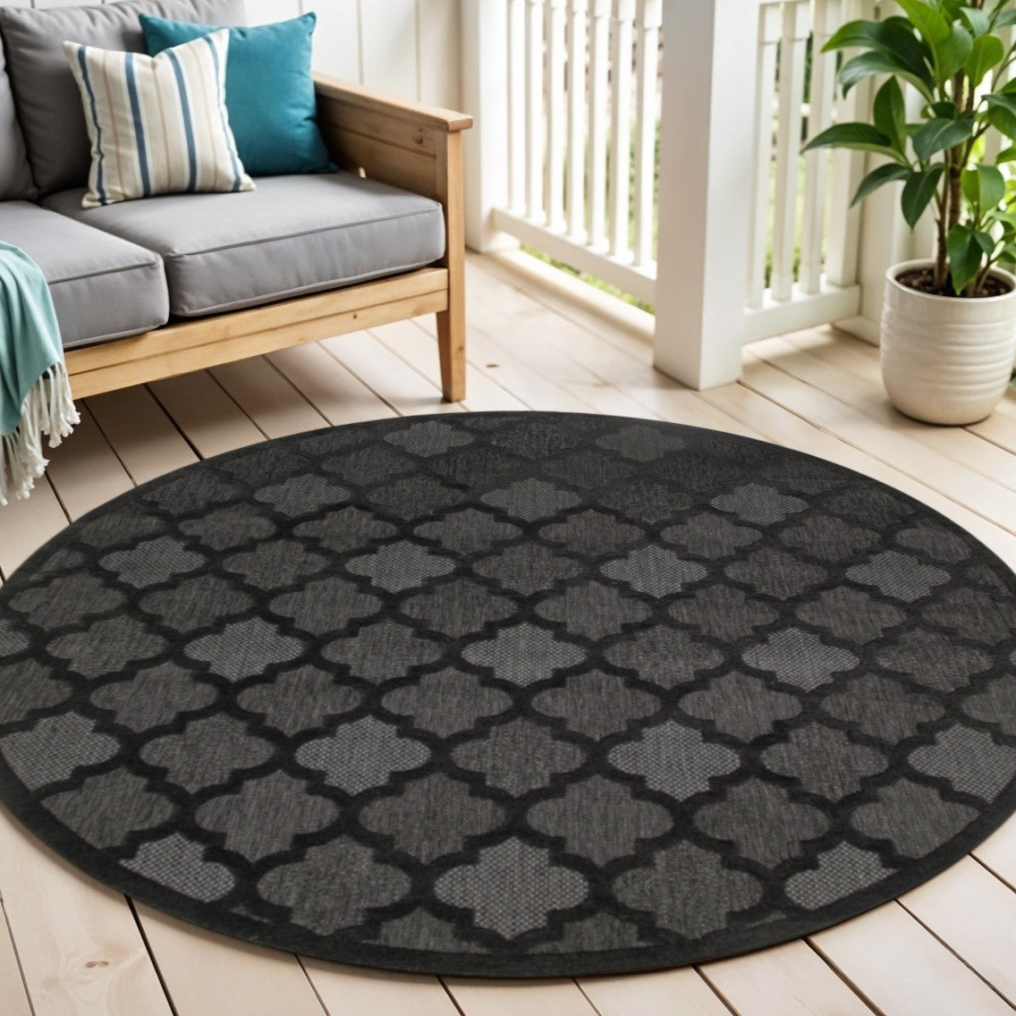 4' Charcoal And Black Round Trellis Indoor Outdoor Area Rug - Sports & Outdoor