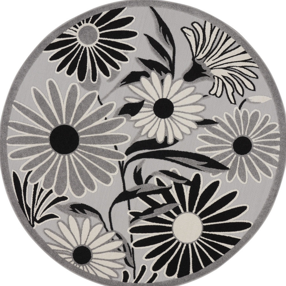 5' Black And White Round Floral Indoor Outdoor Area Rug - Sports & Outdoor