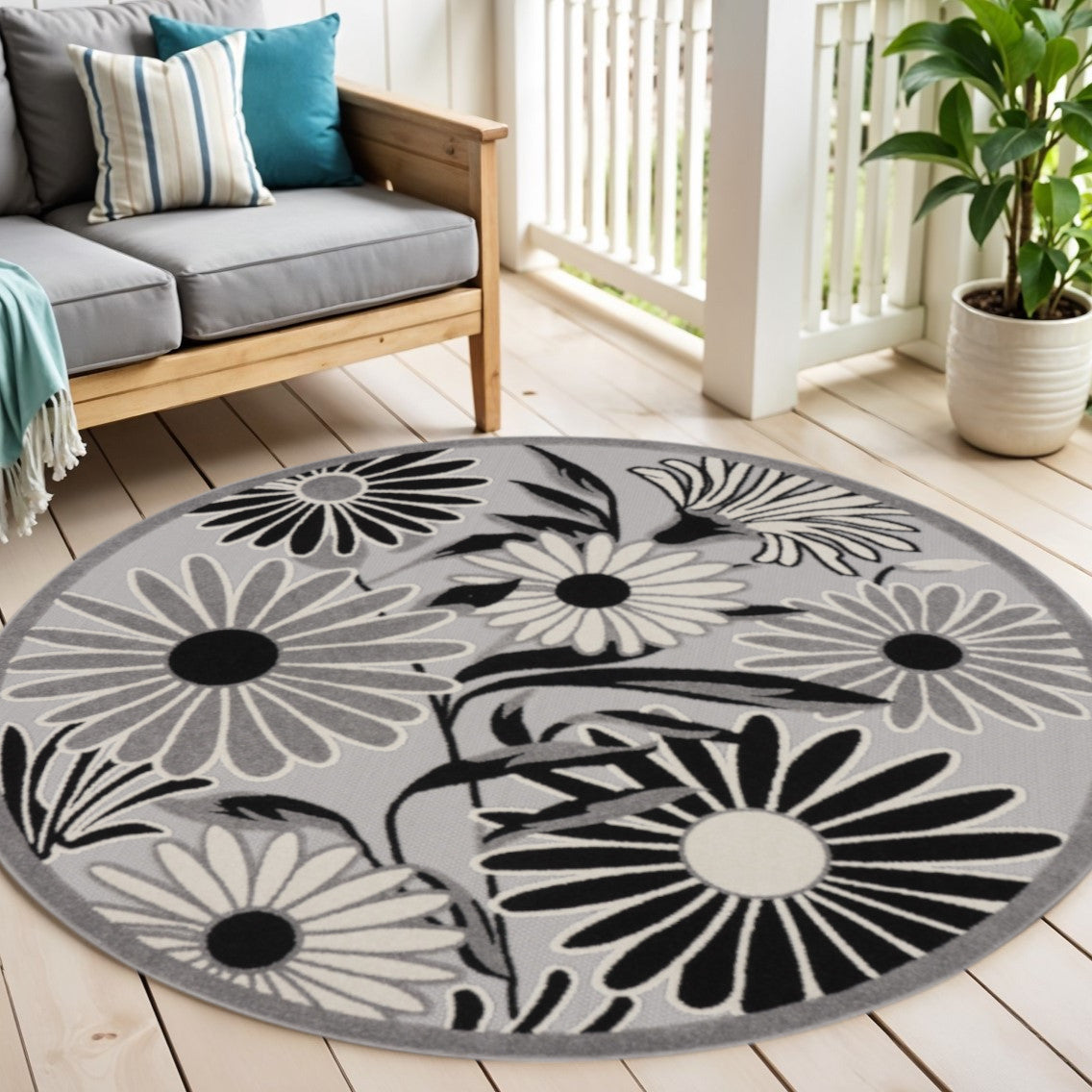 5' Black And White Round Floral Indoor Outdoor Area Rug - Sports & Outdoor