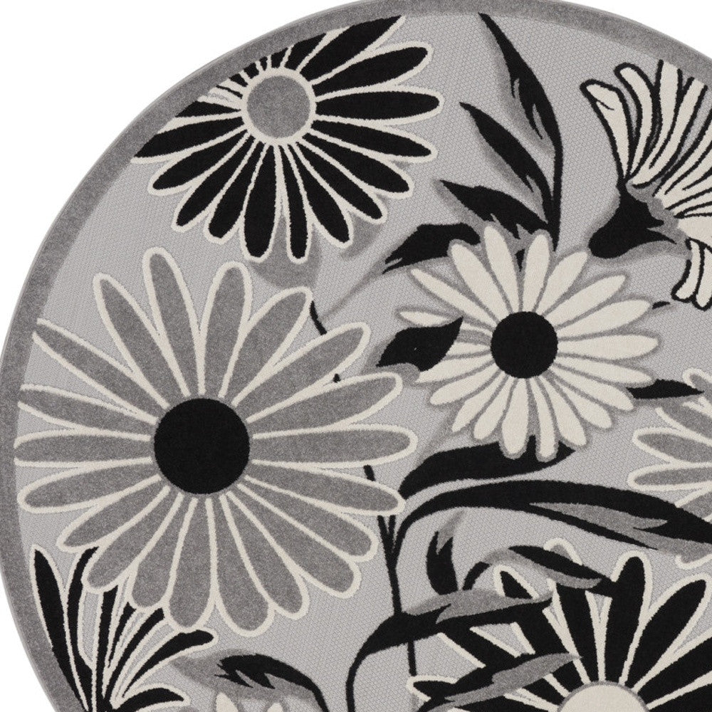 5' Black And White Round Floral Indoor Outdoor Area Rug - Sports & Outdoor