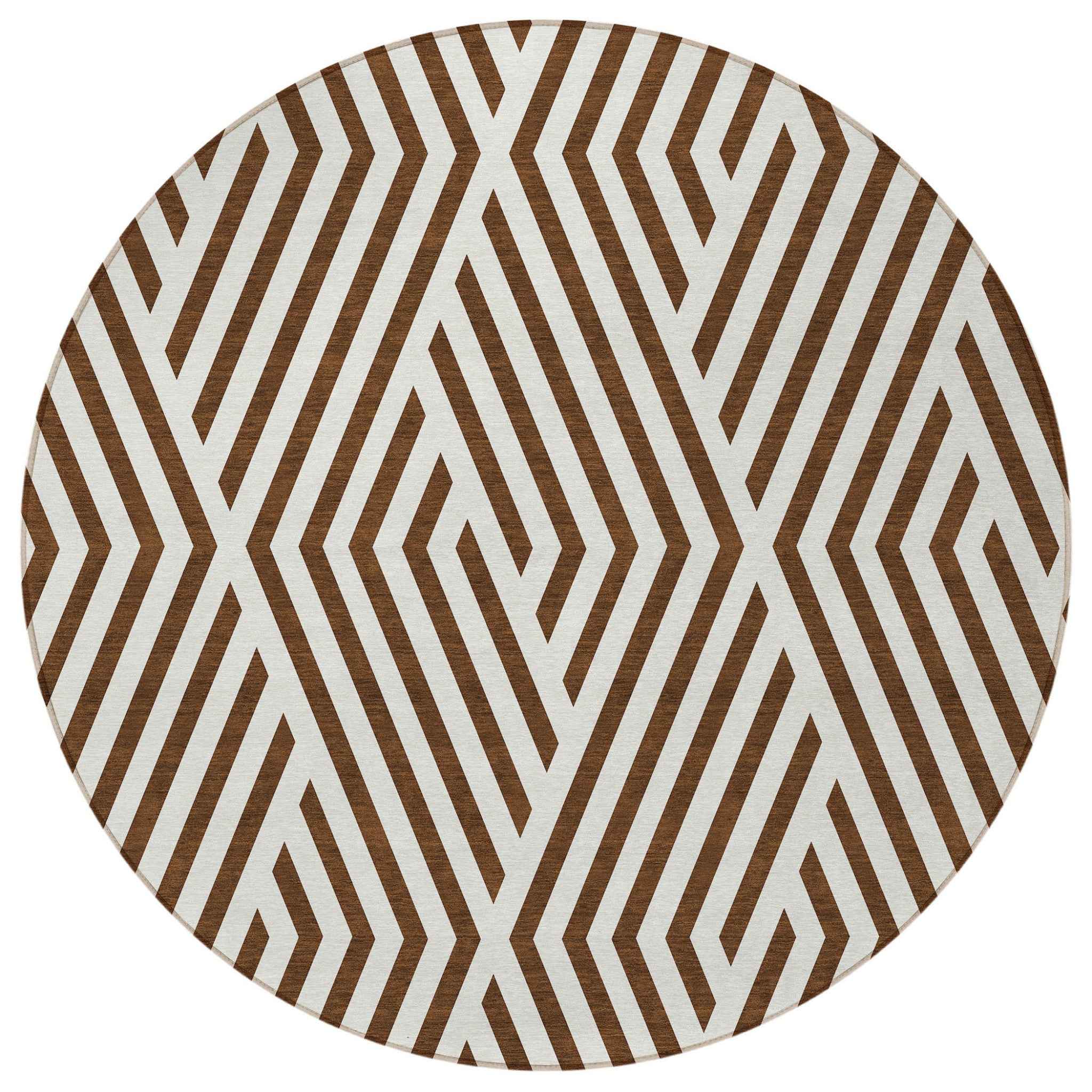 8' Brown And White Round Geometric Washable Indoor Outdoor Area Rug