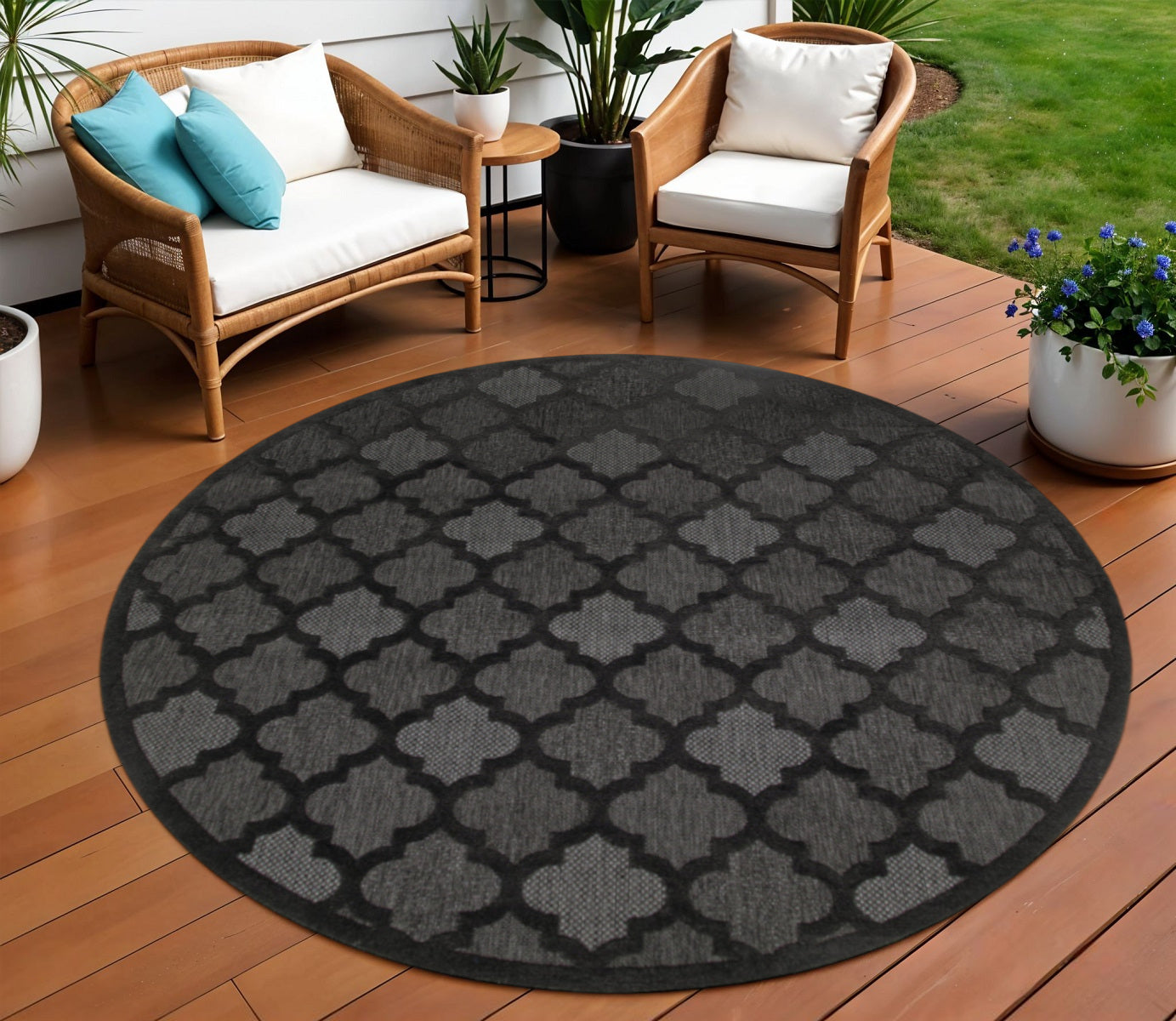 8' Charcoal And Black Round Trellis Indoor Outdoor Area Rug - Sports & Outdoor