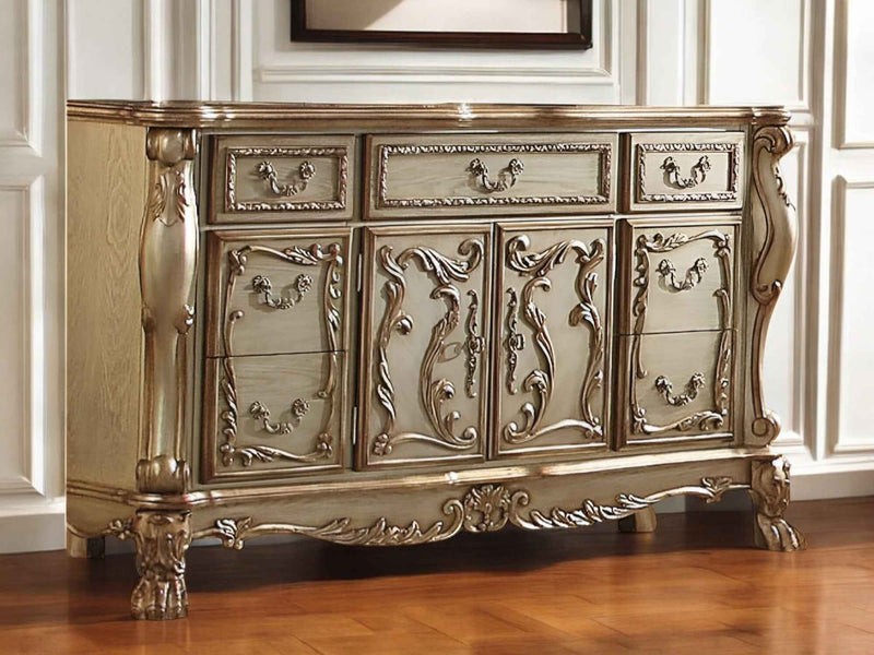 66" Gold Solid Wood Carved Scrollwork Seven Drawer Sideboard with Two Doors