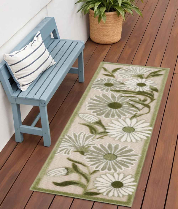 6' Ivory And Green Floral Indoor Outdoor Runner Rug Default Title