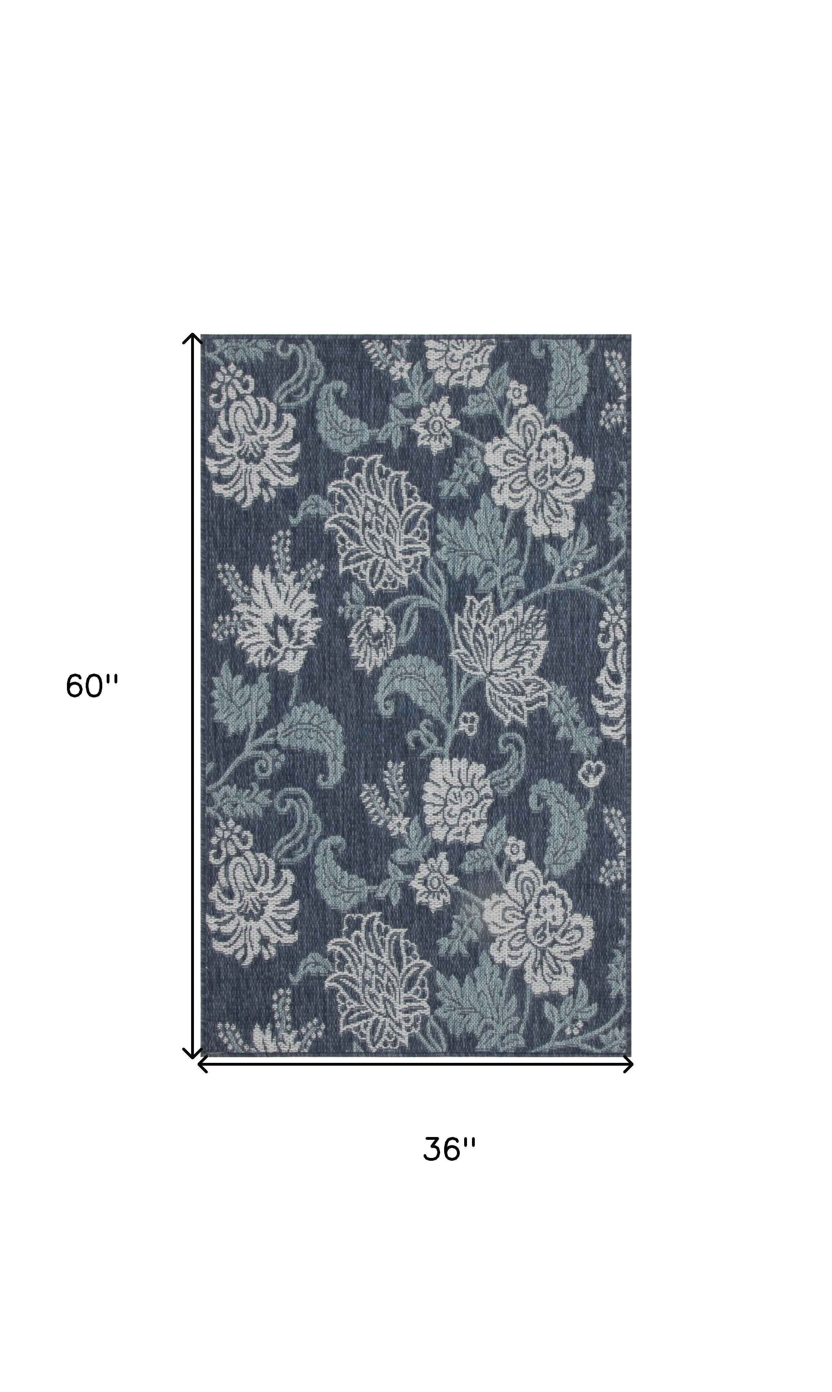 3' X 5' Navy Blue And Ivory Floral Indoor Outdoor Area Rug