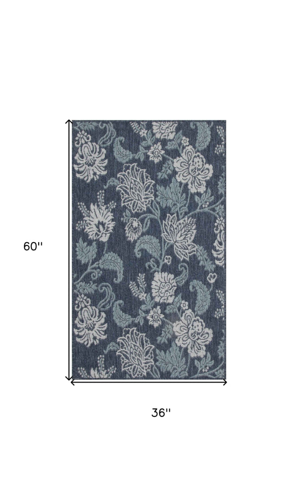 3' X 5' Navy Blue And Ivory Floral Indoor Outdoor Area Rug