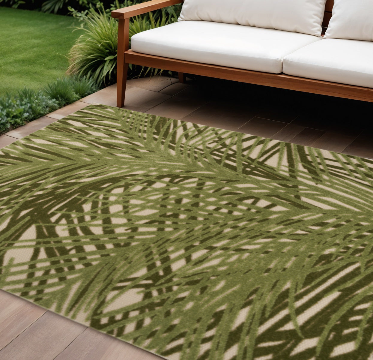 6' X 9' Ivory And Green Palm Leaf Indoor Outdoor Area Rug - Outdoor