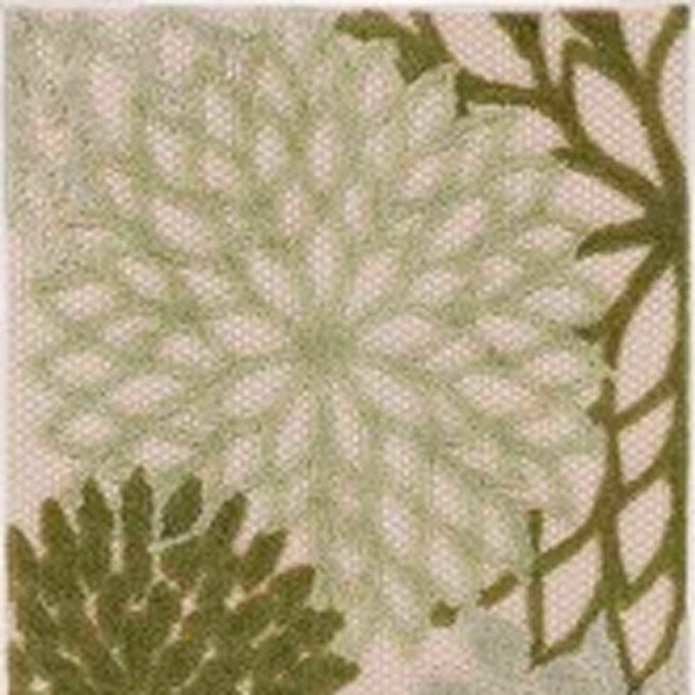 6' Ivory And Green Floral Indoor Outdoor Runner Rug - Outdoor