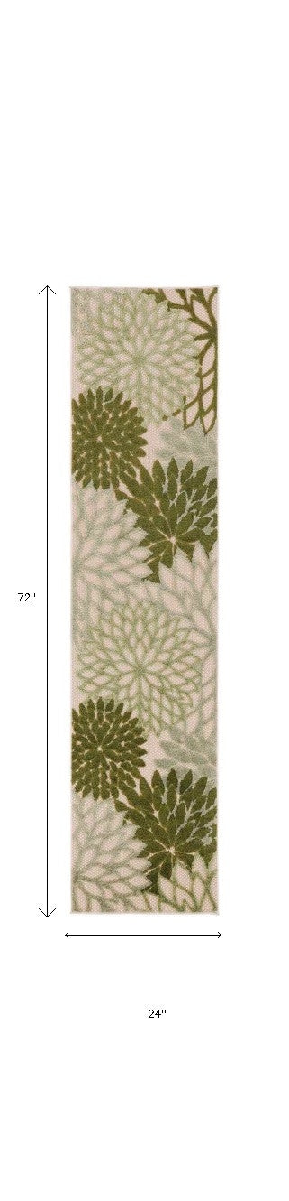 6' Ivory And Green Floral Indoor Outdoor Runner Rug - Outdoor